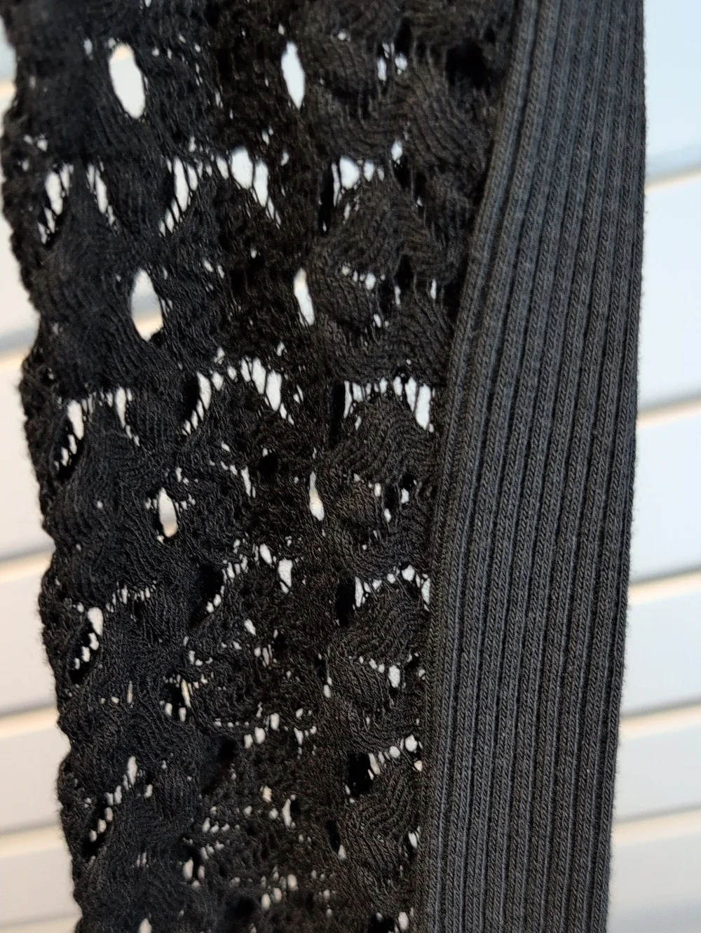 Free People Black Clemente Mock Neck Ribbed Crochet Sleeve Top Medium EUC